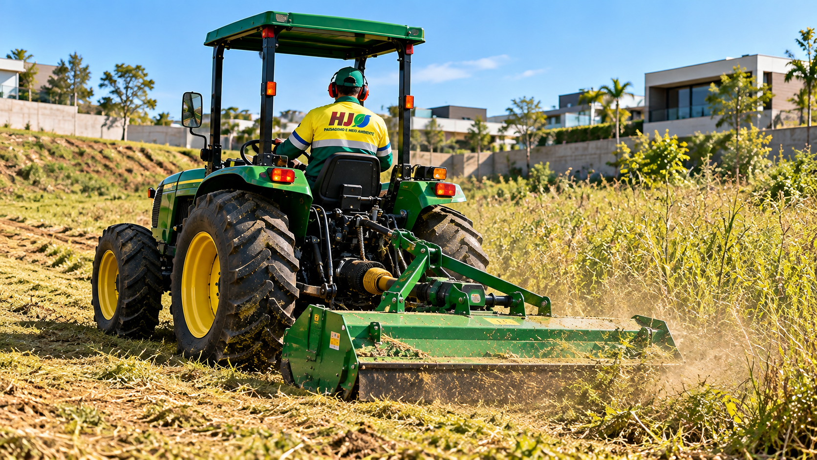 Trator da HJ realizando roçagem de lote vazio em condomínio